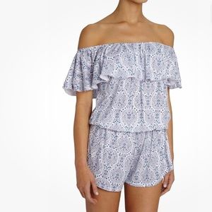 Eberjey Timba Off Shoulder Teddy romper in blue pink white print NWOT Small